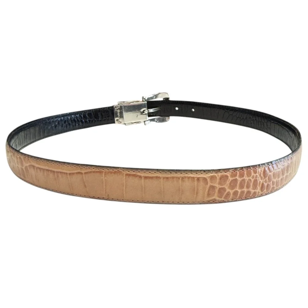 Brighton Womens Reversible Black Tan Belt Embossed Leather Silver Gold Buckle XL